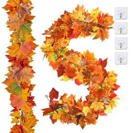 2Pack Fall Garland Maple Leaf, 5.9Ft Fall Leaf Garlands, Fall Leaves Garland Indoor for Home Wedding Fireplace Thanksgiving Christmas Decor