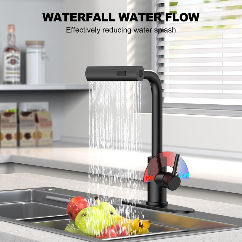 AVSIILE Matte Black Waterfall Kitchen Faucets with Pull Down Sprayer,