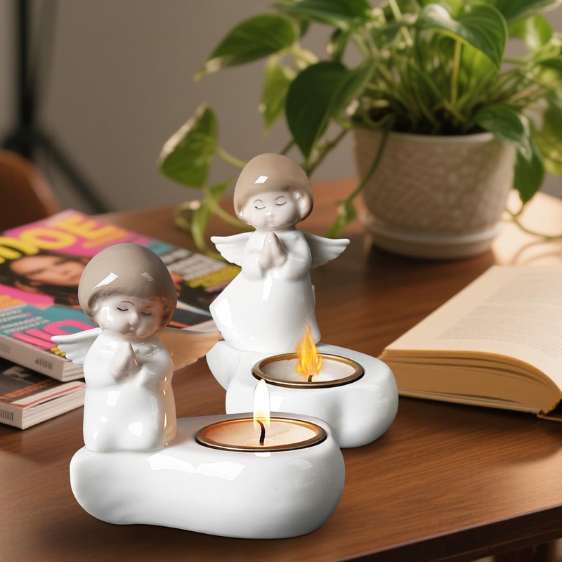 Tealight Candle Holder, Ceramic Angel Candle Holder for Table Display,