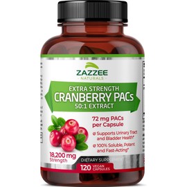 Zazzee Cranberry PACs, 72 mg PACs per Capsule, 2X Strength, 100% Soluble, 120 Vegan Capsules, 50:1 Extract, 18,200 mg Strength, Fast-Acting, Effective Urinary Tract UTI Support, Made in The USA