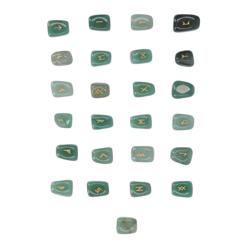 25pcs Rune Stones Set Hand Carved Polished Green Aventurine Portable