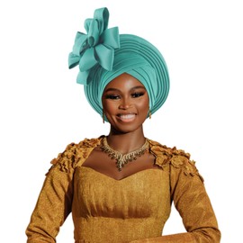 Elegant Polyester African Headscarf-Stretchable Traditional Nigerian Wedding Headpiece, Automatic Gurler Style Fan Headscarf (Green)