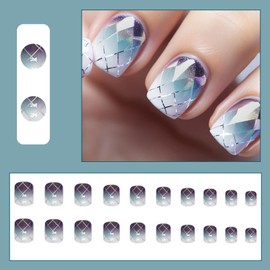 Ceboic Press on Nails Short, 24Pcs Square Purple Blue Smudge False Nails French Tip Fake Nails with Design, Ballerina Glue on Nails Natural Acrylic Full Cover Stick on Nails for Women and Girls