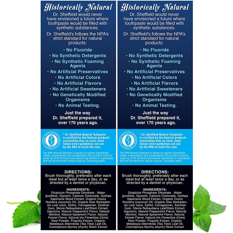 Dr. Sheffield’s Certified Natural Toothpaste (Peppermint) - Great Tasting, Fluoride