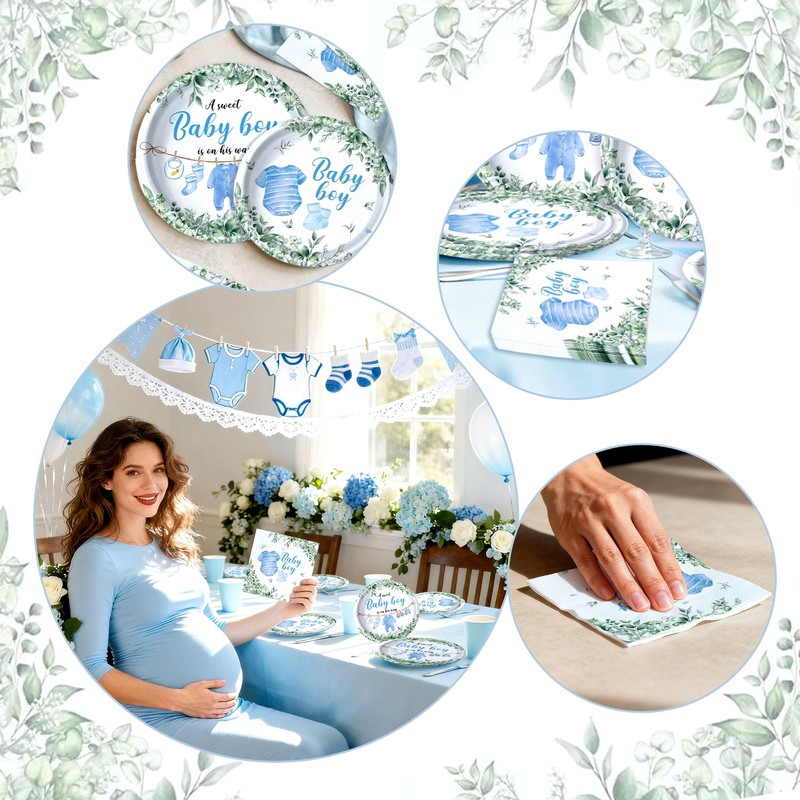 Greenery Baby Shower Plates Napkin Blue Baby Boy Party Tableware