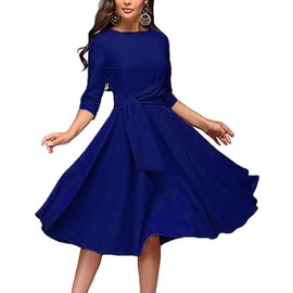 FENJAR Womens Elegance Audrey Hepburn Style Ruched 3/4 Sleeve Midi A-line Dress Blue