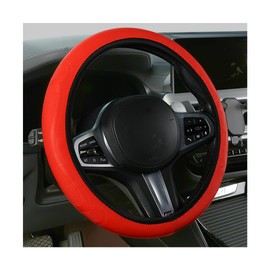 Sandfren Car Steering Wheel Cover, 15 Inch Leather Soft Elastic Stretch Anti Slip Auto Steering Wheel Wrap Guard, Breathable Vehicle Interior Accessories, Universal for SUV RV Truck (Red)