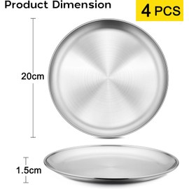 ORFCP 4 Stainless Steel Round Tableware, Stainless Steel Plate Camping, 20 cm Round Tableware, Barbecue Dish Platter