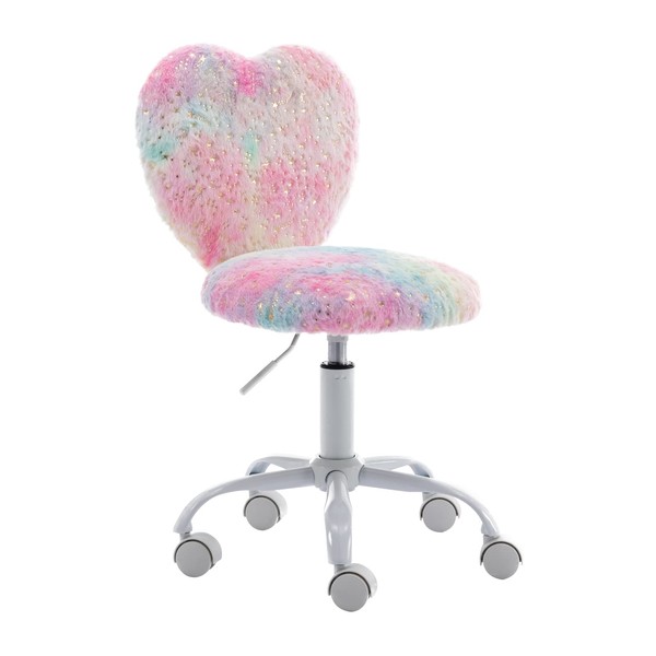chairus Kids Desk Chair Faux Fur Study Chair for Teenage Girls, Adjustable Heart Shaped Kids Vanity Chair for Bedroom Reading Living Room, Small Cute Student Task Chair with White Foot, Colorful