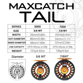 Maximumcatch Tail Fly Reel, Large Arbor CNC Machined Aluminium Teflon Disc, Alloy Body, Fly Fishing Reel in 5/6 7/8wt (Tail Roll with Cords, 5/6 wt)