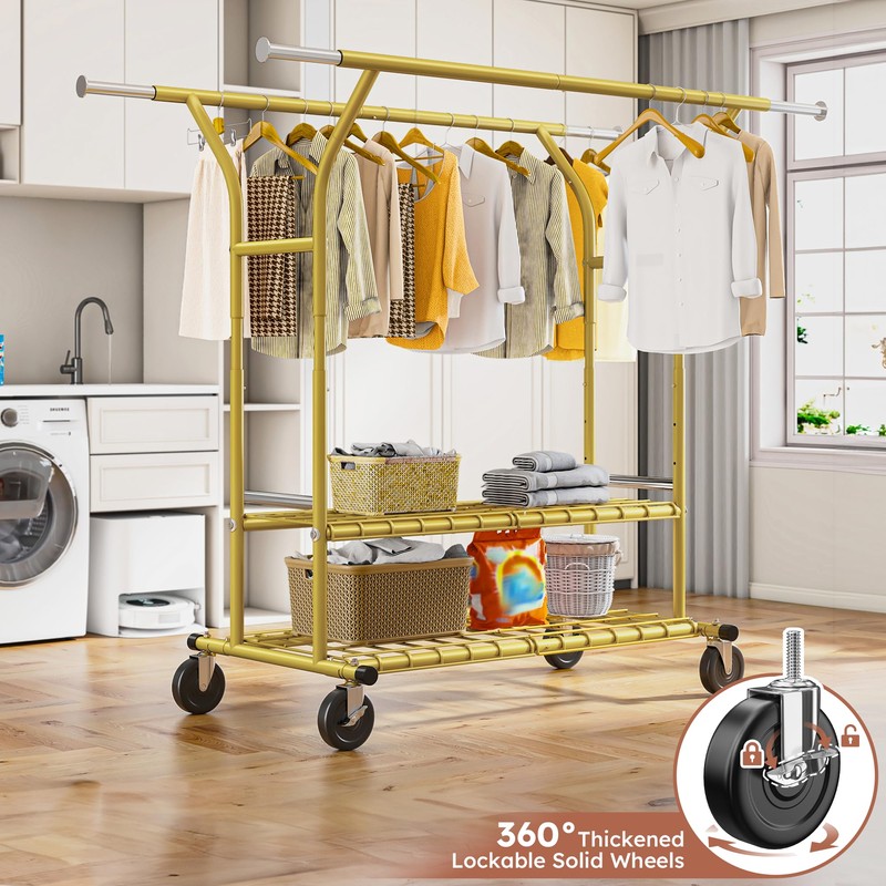 Raybee 74" W Heavy Duty Clothes Rack, Double Rods Gold