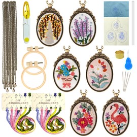 ZOCONE 6 Packs Embroidery Necklace Kit, Embroidery Pendant Kit Mini Cross Stitch Kit with 4 Hoops, Necklace, Pendant, Stamped Pattern Cloth, Instructions, etc., Embroidery Kit for Adults