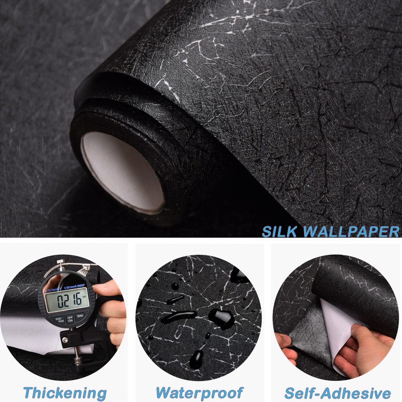 512"×15.7"Black Wallpaper Peel and Stick Wallpaper Black Silk Wallpaper for