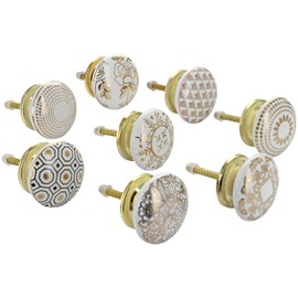 G Decor Royal Gold and Cream White Assorted Designs Ceramic Door Knobs, Vintage, Shabby Chic, Interior Furniture, Cabinet Cupboard Drawers Pulls Handles (8-Pack)