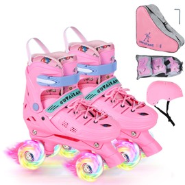 VEZLOPUS Roller Skates, Adjustable Pink Roller Skates with Light up Wheels for Girls, Teens, Women Beginner & Advance | with Protective Gears and Carry Bag