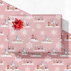 GIOLAINY Pink Christmas Wrapping Paper for Girls Women Kids - Holiday Gift Wrap with Winter Houses & Snowflakes - 4 Sheets (28 x 40 inches), Easy to Store