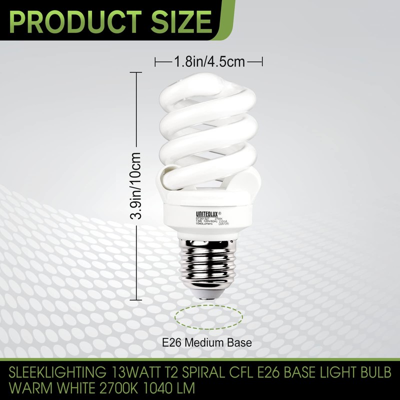 UNITEDLUX E26 Spiral CFL Light Bulbs Medium Base 13Watt (60Watt