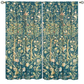 ICMOLYYENLO Vintage Forest Curtains William Morris Design Green Garden Floral Bird Pattern Living Room Curtains 2 Panels 21"W x 45"L