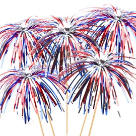 100 4th of July Cocktail Picks, 6 IN Patriotic Fireworks Toothpicks for Appetizers, Red White Blue Bamboo Skewers Sticks Cupcake Toppers for Fourth of July Party Supplies Independence Day Decorations