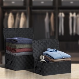 Sorbus Set of 3 Storage Baskets for Organizing with Lid, Mesh Hand-Woven Design, Linen Closet Organizers and Storage, Organizer Storage Baskets for Shelves, Variety Pack Organizers and Storage (Black)