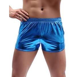 AIEOE Men's Shiny Shorts with Pockets Party Shorts Sexy Boxer Shorts for Men Size S-3XL, blue, M