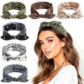 STGDAK 6 Pack Boho Bandana Headbands Cute Bow Headband For Women Knotted Hair Scarf Elastic Head Wraps Rabbit Ears Turban Headband Cotton Hairbands Workout Non Slip Scarf Headbands Hair Accessories