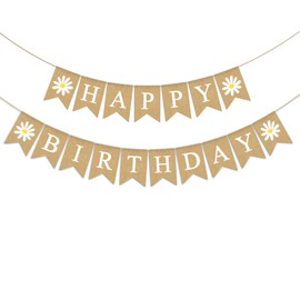 Pudodo Pancarta de yute con temática de margaritas de feliz cumpleaños, primavera, verano, fiesta de cumpleaños, guardería, cocina, manto, decoración de chimenea