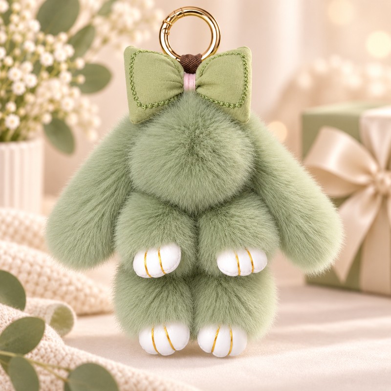 Fluffy Bunny Keychain for Holiday Gifting – Cute Bow Rabbit