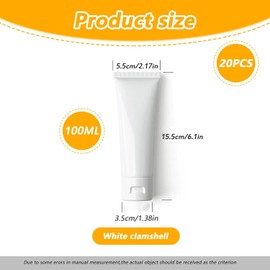 VASANA - 20 tubos de loción cosmética de plástico blanco de 100 ml/3.4 onzas, para champú, limpiador facial, muestra de maquillaje, contenedor suave, frasco, estuche con tapa abatible