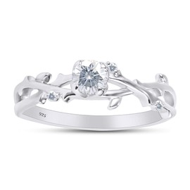 SAVEARTH DIAMONDS Twisted Leaf Design, 1/2 Carat Center Round Cut Moissanite Lab Created Diamond Solitaire Engagement Promise Ring in 14k White Gold Over Sterling Silver (0.55 Cttw) Size-6.5