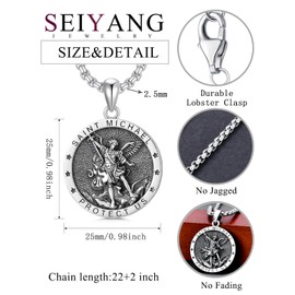 Seiyang St Michael Necklace for Men 925 Sterling Silver Round Saint Archangel Michael Medal Medallion Protection Jewelry