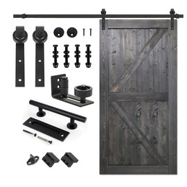 S&Z TOPHAND® 42 in x 84 in MDF Deep Gray British Brace Knotty Barn Door with 8FT Sliding Door Hardware Kit/Double -Sided Door Handle/Sliding Door/Double Surfaces/Simple Assembly is Required