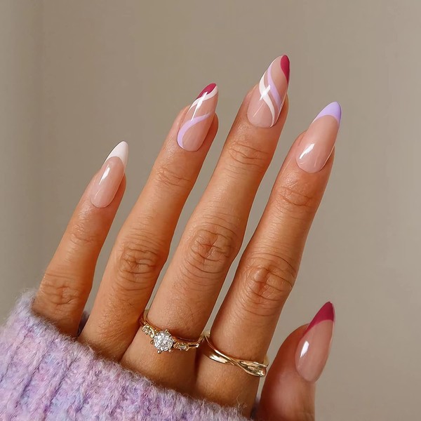 MISUD Press on Naills Medium Almond Fake Nails Glossy Glue