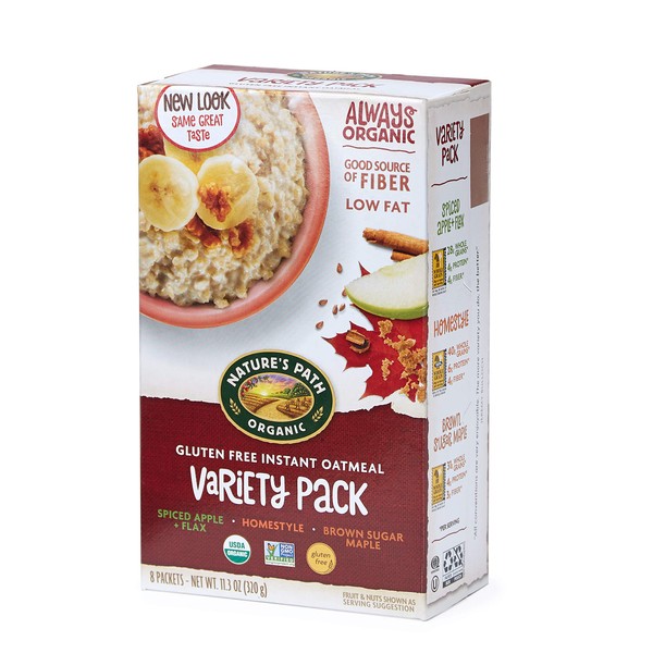Nature's Path Organic Gluten Free Instant Oatmeal Variety Pack, 48 Packets (Pack Of 6) Non-GMO, Plant Based Protein, High In Fiber, Spiced Apple Plus Flax, Homestyle, Brown Sugar Maple 11.3 Ounce
