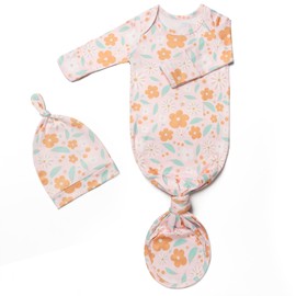 Newborn Baby Knotted Gown for Girls, Newborn Hospital Outfit with Mitten Cuffs, Super Soft Silky Infant Long Sleeve Gown with Tie Bottom Pink Floral