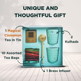 CHAYAM Luxury Tea Gift Set |10 Assorted Tea Bags, Magical Cinnamon 50g, 2 Cups & Brass Strainer | Assorted Gift Box Hamper