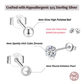 Shuxin Silver Stud Earrings for Women, 3 Pairs 925 Sterling Silver Cubic Zirconia & Ball & Pearl Stud Earrings Set, Small Sleeper Cartilage Studs, Come with Silver Butterfly Earring Backs, Size: 4mm