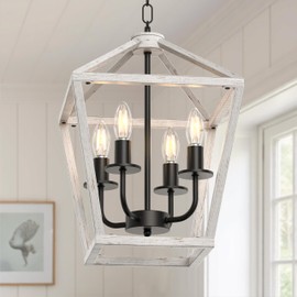 Phaosio Farmhouse Lantern Chandelier 4-Light, Industrial Brushed White Oak Ceiling Light Fixture with Open Cage and Adjustable Hanging Height, E12 Base for Kitchen Island, Dining Room, Entryway, Foyer