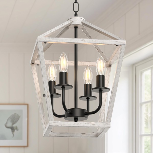 Phaosio Farmhouse Lantern Chandelier 4-Light, Industrial Brushed White Oak Ceiling