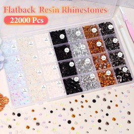 22000Pcs Rhinestones for Bedazzling, Jelly Bedazzling Resin Gems 3-5mm, Black White Silver Gems Bedazzling Kit for Crafting, Flatback Color Black Gold AB Gems for Nails Face Makeup Crafts Tumblers