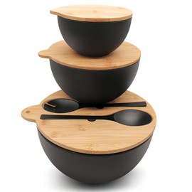 ECOWAY Salad Bowls Set of 3 with Seal Lid & Serving Utensils, Bamboo Fiber Mixing Bowls Set Large Serving Bowls & Storage Set with Bamboo Lid for Salad, Kitchen Eating, Pasta, Popcorn, Fruit, Black