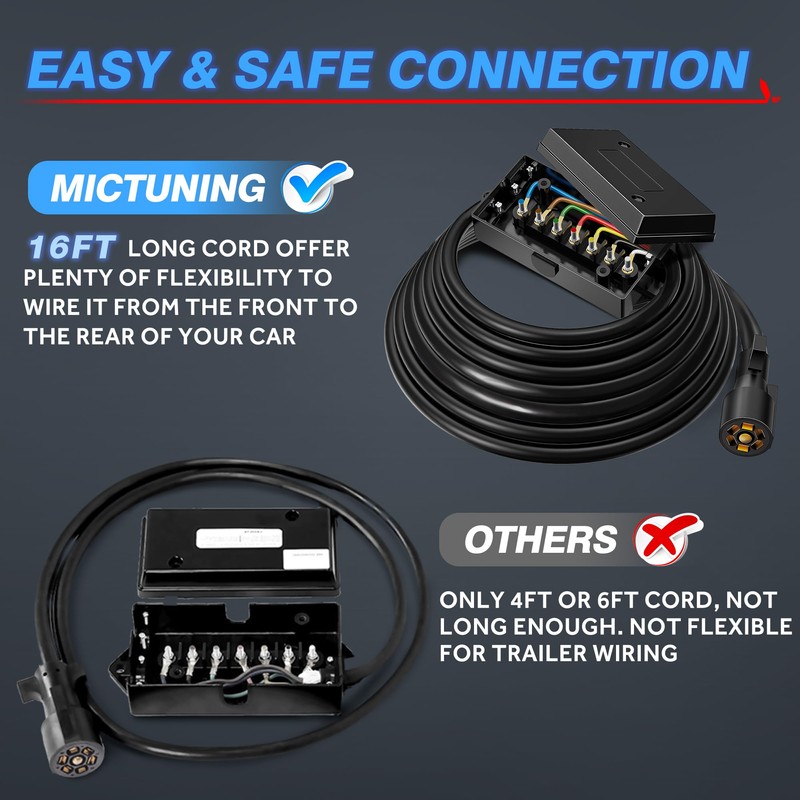 MICTUNING Heavy Duty 7 Way Plug Inline Trailer Cord with