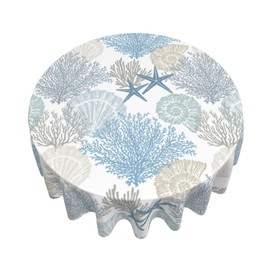 Nautical Coastal Tablecloth Round 60 Inch Summer Beach Starfish Coral Seashell Print Decorative Table Cloth Table Cover with Waterproof Wrinkle Resistant Fabric for Home Kitchen Dining Patio