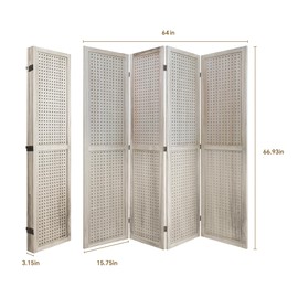 4 Panels Room Divider, Room Dividers and Folding Privacy Screens, 5.6 Ft Wood Portable Peg Board Display Stand for Home, Office, Bedroom, Natural Wood