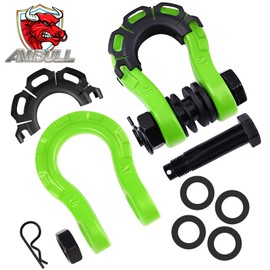 AMBULL Shackles Upgrade 3/4" D Ring Shackle (2 Pack) 70,000 lbs Break Strength with 7/8" Pin, Isolator and Washer Kits for Use with Tow Strap, Winch, Off-Road Truck Vehicle Recovery, Green