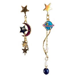 TIRHTYPLSU Planet Earrings Moon Star Saturn S925 Sterling Silver Asymmetric Space Dangle Earrings Long Tassel Drop Earrings Jewelry for Women