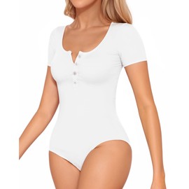 MANGOPOP Womens Scoop Neck Henley Bodysuit Button Down Ribbed Short Sleeve Bodysuits Top