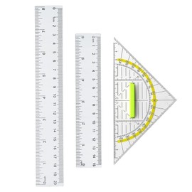 ROMINVIC Set Square and Ruler, Set Square Primary School with Handle, Ruler 15 cm and 20 cm, Set Square Small Large 14 cm Transparent Flexible for Circles Drawing, Suitable for Students, Office