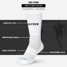 STARTER Men's Crew Socks 10-Pack DRI-FIT, Half-Cushion Mid Crew Socks for Men with Mesh and Arch Support, Shoe Sizes 6-12, White, 6-12