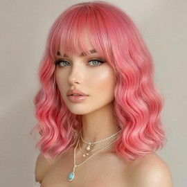Sweetie Blush Pink Bob Wig Bangs – Wavy Synthetic Shoulder Length